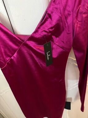 Windsor Fuchsia Satin Long-Sleeve One-Shoulder Dress